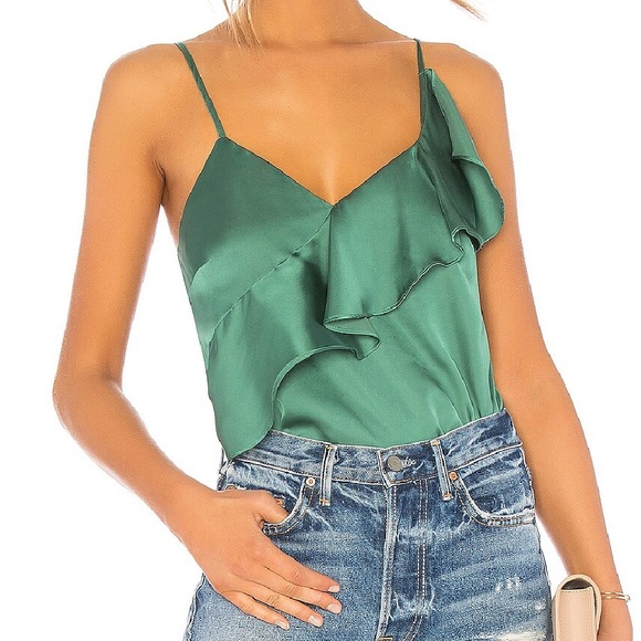 Revolve Green Satin Ruffle Tank Top - Picture 1 of 6